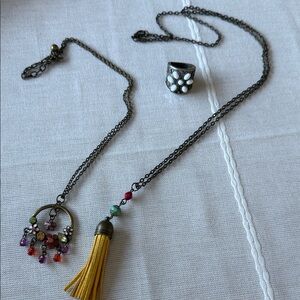 Bohemian Multicolor Tassel Necklace and Ring Set
